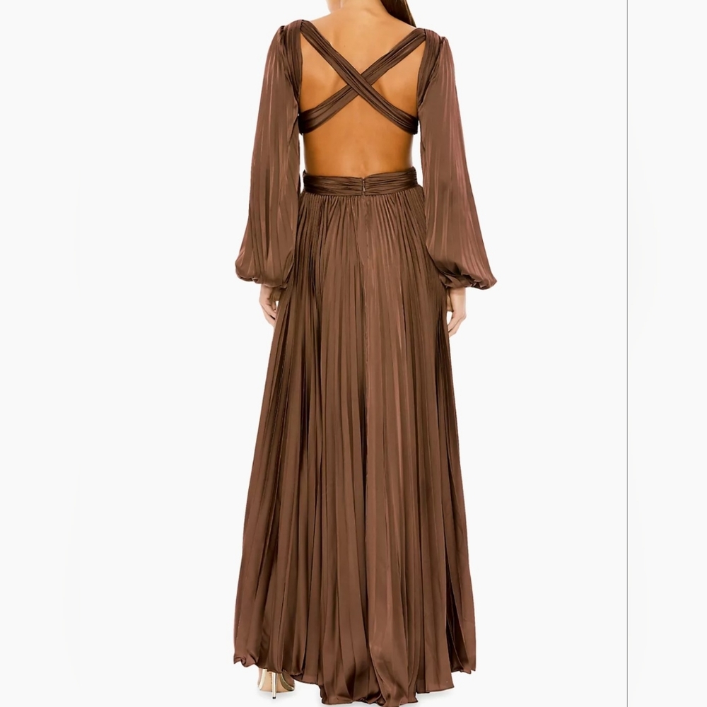 Ieena forMac Duggal Long Sleeve Pleated Cut Out Satin V-Neck Gown - Picture 3 of 5